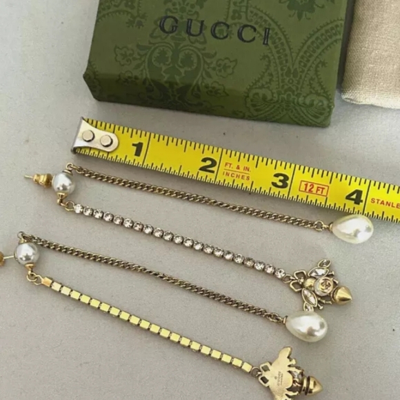 Gucci Gold-tone Metal Earrings Bee W/White Crystals and Pearl Drop 4" Long/New - Picture 4 of 6